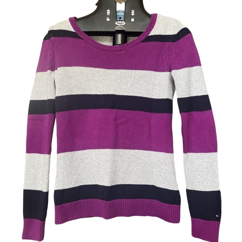 Tommy Hilfiger Women’s Sz SP 100% Cotton Striped Purple Gray Blue Sweater